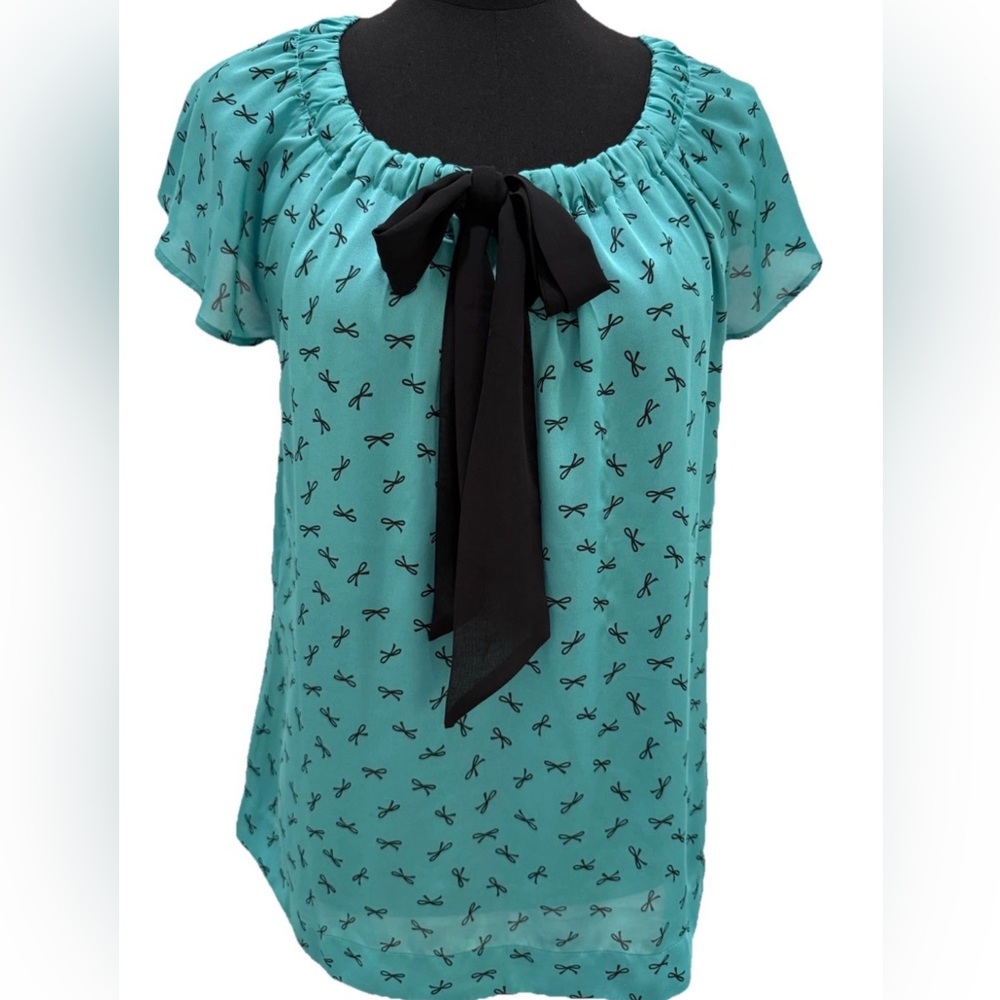 Loft Women's Short Flutter Sleeve Light Blue Bow Tie Blouse, Size Small